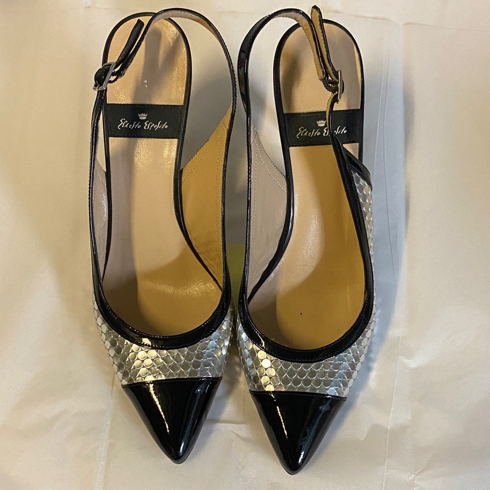 Ernesto Esposito black patent silver leather sling back heels‎ womens size 39